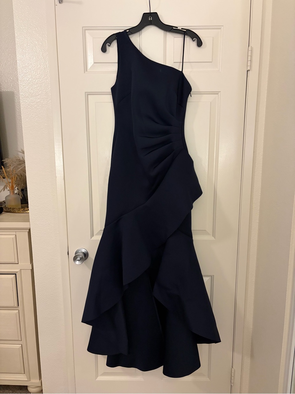 Eliza J One-Shoulder Navy Ruffle Gown
